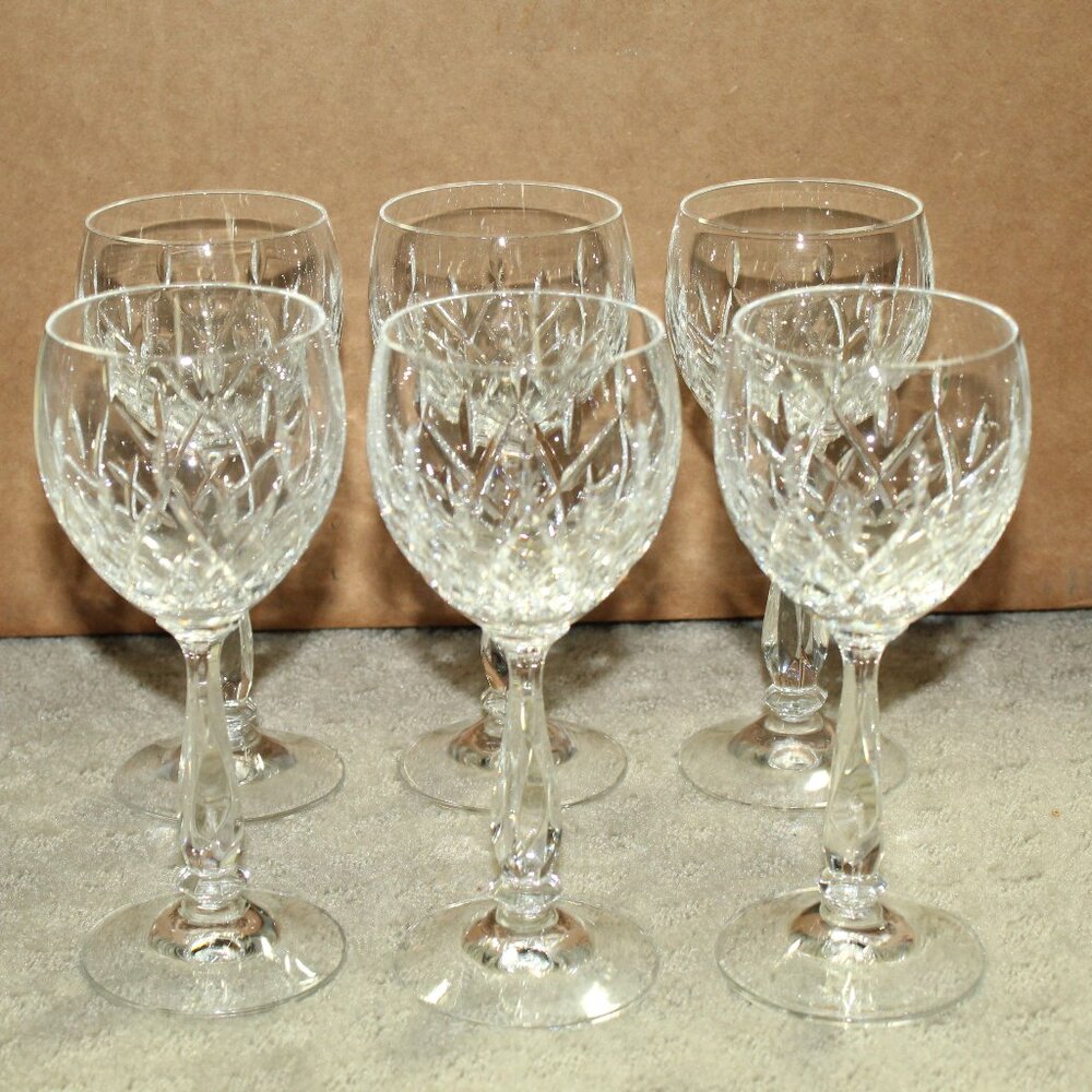 Set of 6 Vertical & Criss-Cross Cut Crystal Plain Base 6.75" Hock Wine Glasses
